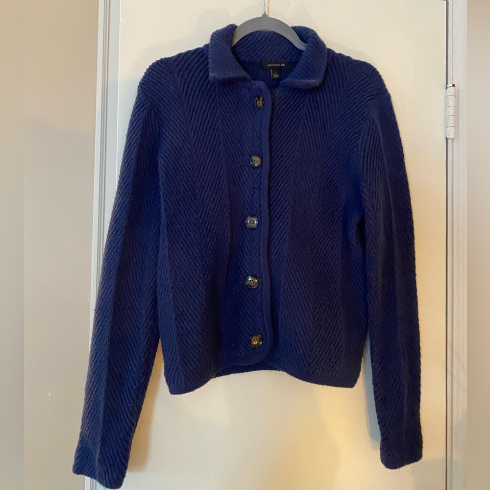 Ann Taylor Navy Button-Up Herringbone Cardigan